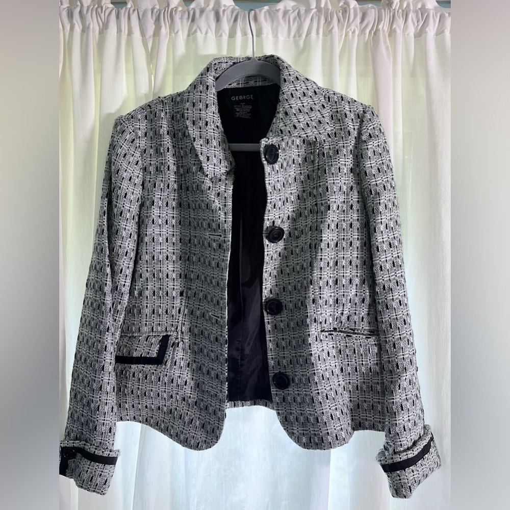 George Women's Black & White Acrylic Long Sleeve Button Front Blazer Jacket